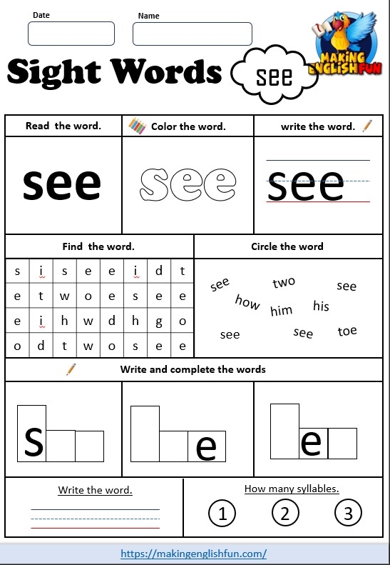 Write the Sight Words: "See" worksheet for early literacy practice Worksheet for tracing and writing the sight word "see" for kindergarten students