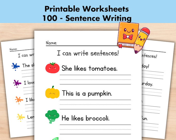 Kindergarten geometry worksheet featuring sentence skills practice prompts to expand simple descriptions
