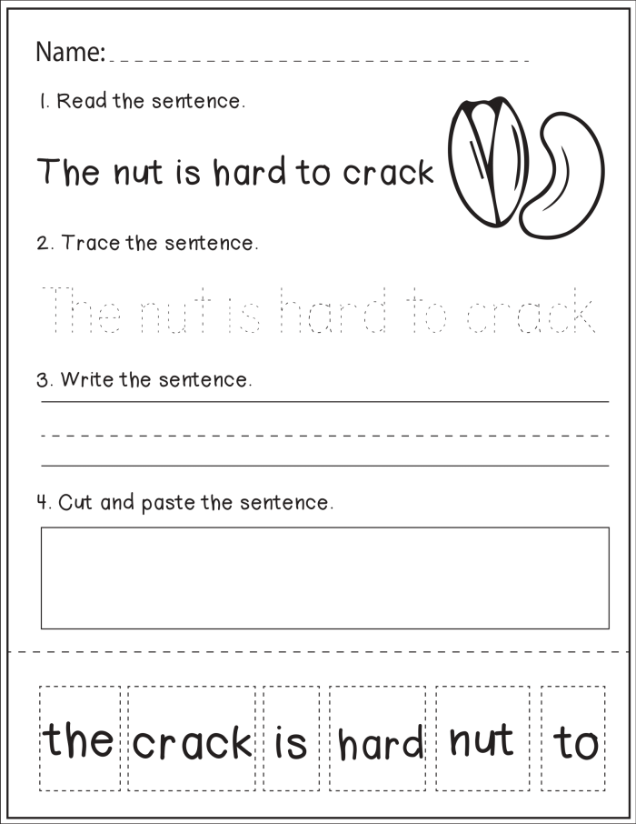 Kindergarten student completing a geometry themed sentence skills practice worksheet with creative prompts