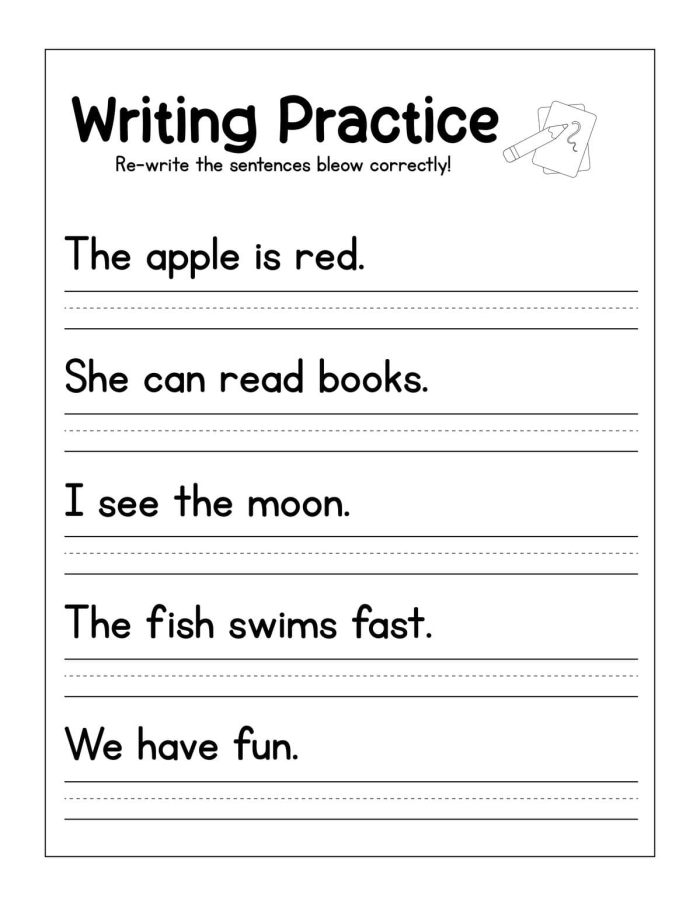 Sentence Skills Practice worksheet for kindergarten featuring prompts to help expand sentences. Engaging activities for young learners to understand sentence structure.