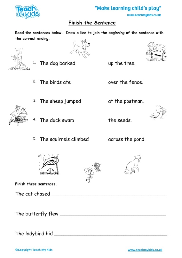 Finish that Sentence worksheet 21 - Dog story writing activity for early readers A kindergarten student completing a sentence completion worksheet about a dog's destination with writing space below