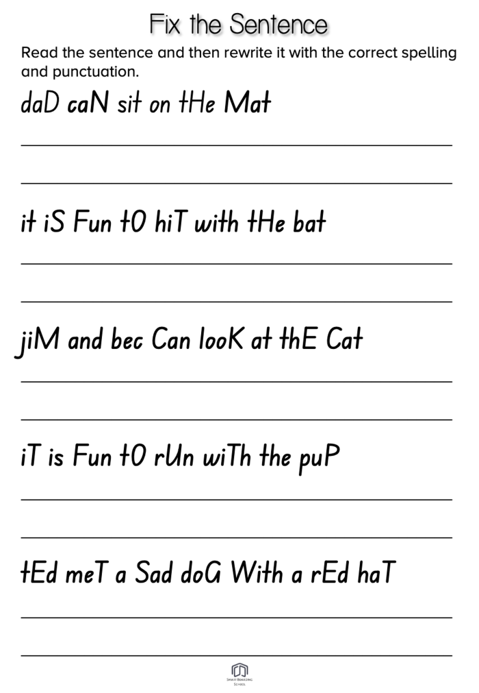 Grammar and Mechanics worksheet for Kindergarten Children improving sentence structure on the Dog Days worksheet. Fix the Sentences: Dog Days worksheet for kindergarten grammar practice.