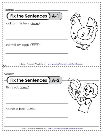 Fix the Sentences Dog Days grammar worksheet for first grade students number 10 Kindergarten worksheet for practicing sentence structure capitalization and punctuation titled Fix the Sentences Dog Days