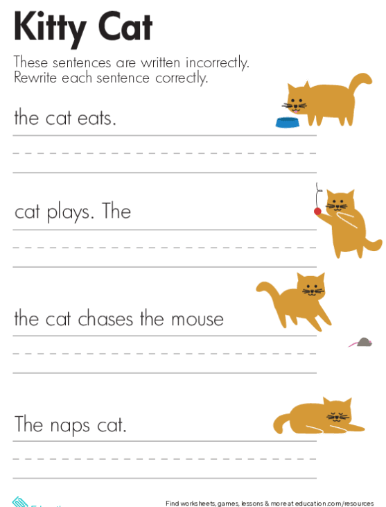 Fix the Sentences: Kitty Cat grammar activity for young learners Kitty Cat worksheet for practicing sentence capitalization and punctuation in kindergarten