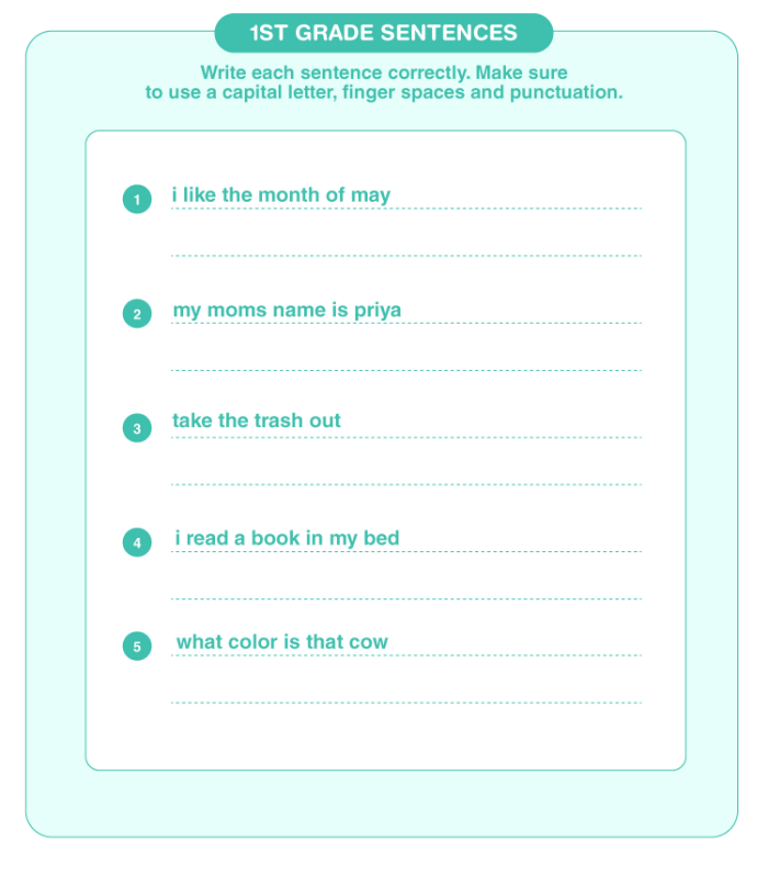 Fix the Sentences Dog Days grammar worksheet for grade one learners 15 Kindergarten student practicing sentence structure and capitalization on the Fix the Sentences Dog Days worksheet