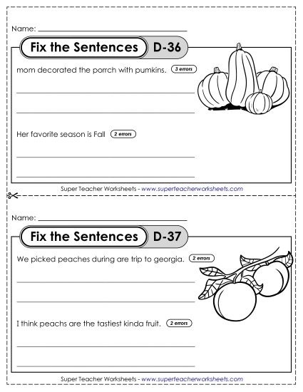 Fix the Sentences Dog Days grammar worksheet for first grade students number five Kindergarten student practicing sentence structure and punctuation on the Fix the Sentences Dog Days worksheet