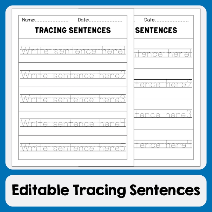 Kindergarten student tracing a simple sentence about numbers on a worksheet
