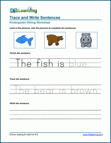 Kindergarten worksheet for tracing and reading complete sentences in a fun, engaging way