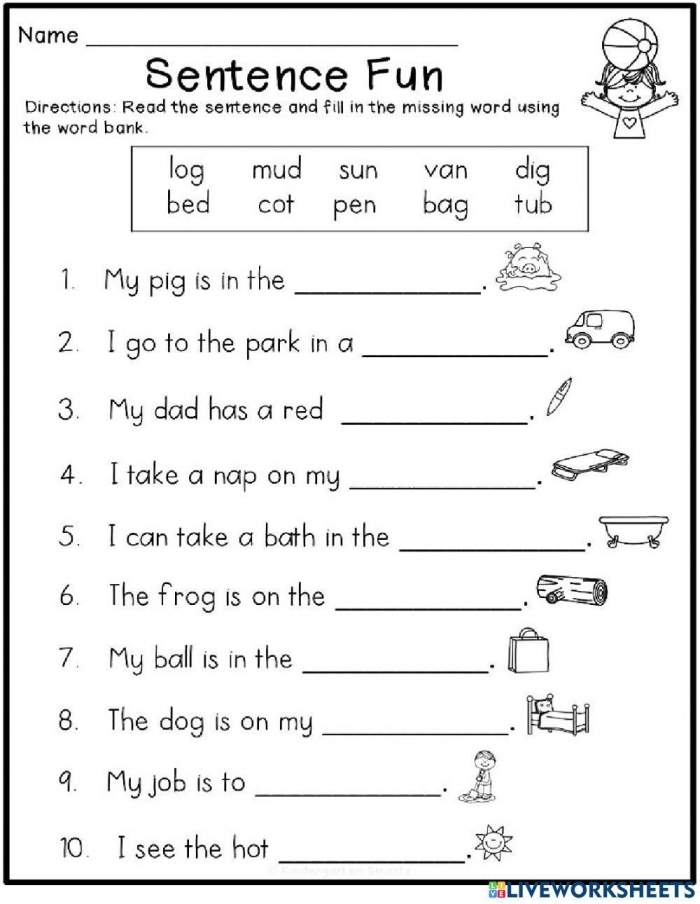 Kindergarten students practicing reading and tracing complete sentences on a worksheet
