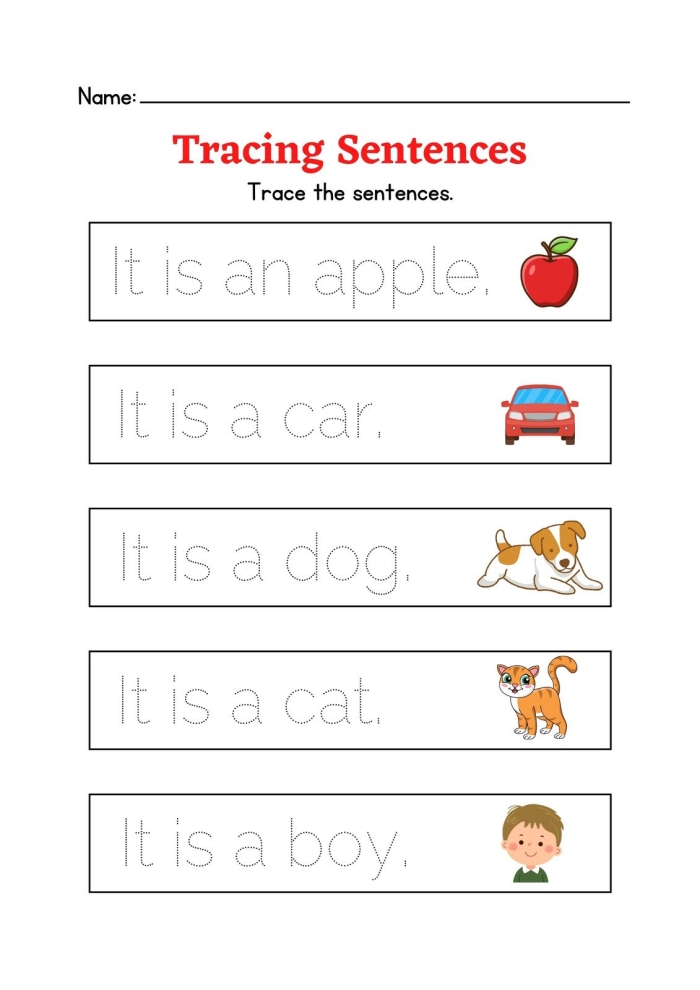 Kindergarten students practicing reading and tracing complete sentences on a worksheet