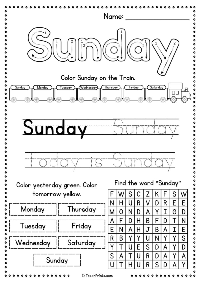 Kindergarten student filling out a sequence activity for the seven days of the week