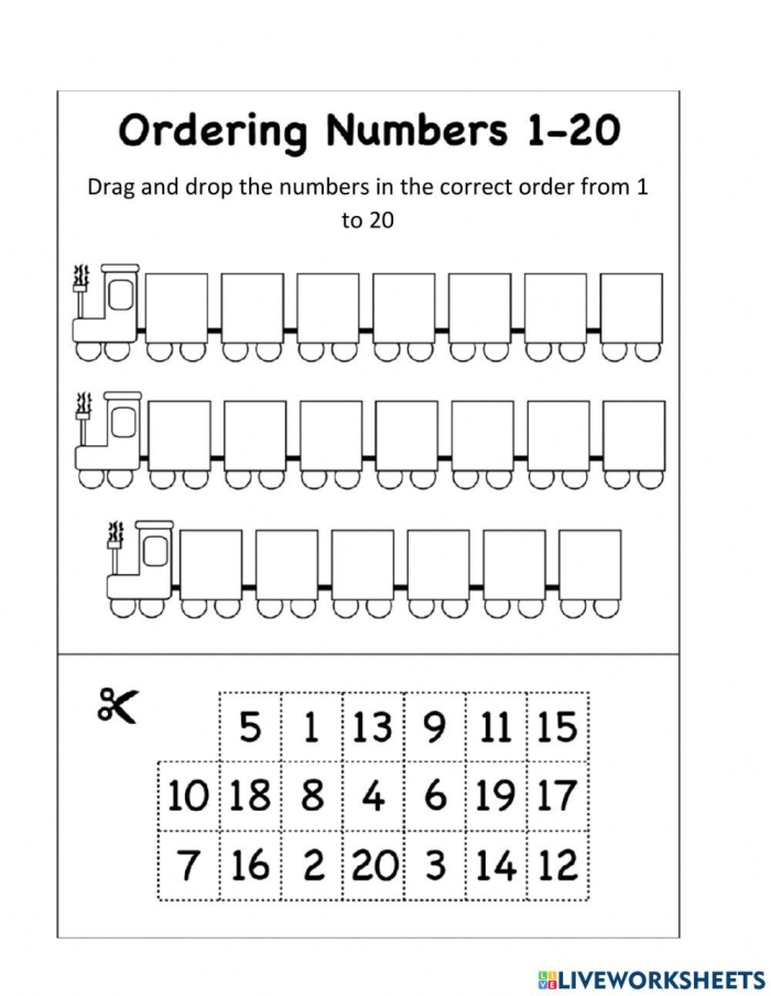 Math Challenge Ordering Numbers to 20 Worksheet Page 8 Kindergarten student practicing sequencing skills with an Ordering Numbers to 20 worksheet