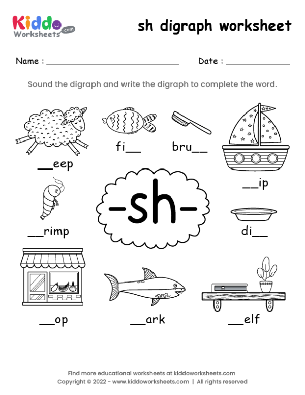 Worksheet focused on "sh" digraph words for kindergarten handwriting practice