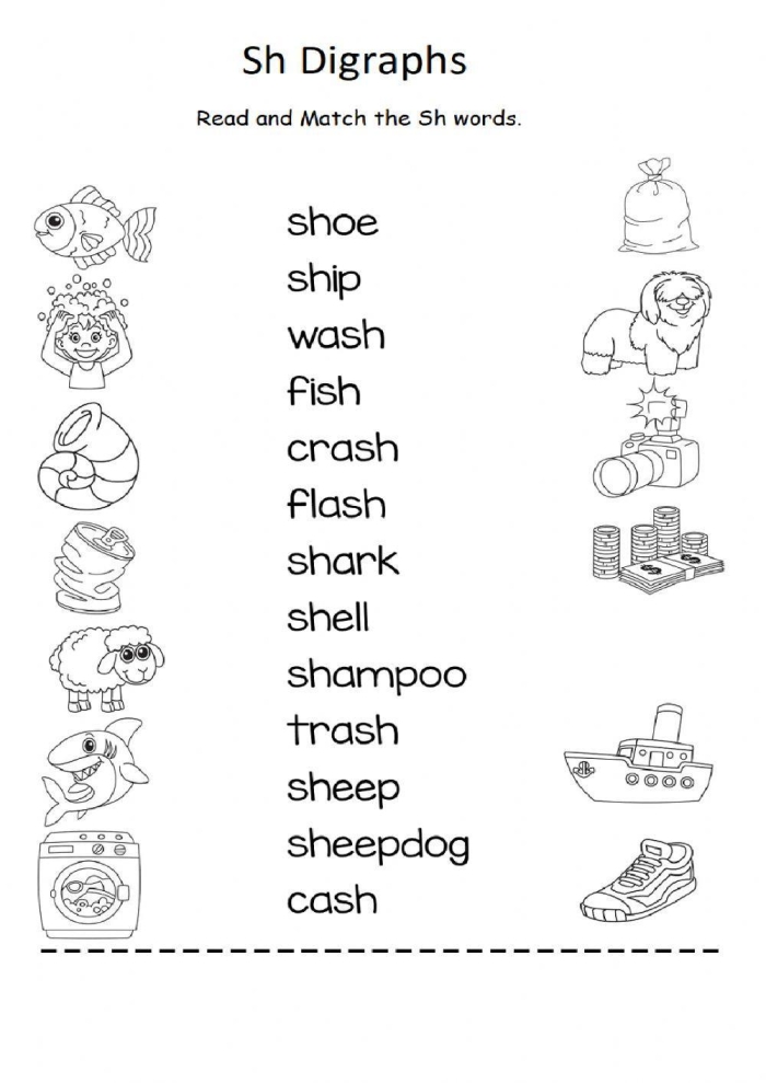 Worksheet featuring "sh" words for kindergarten handwriting practice