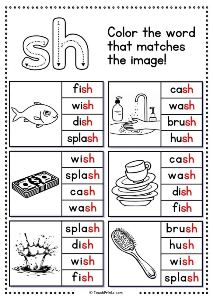 Worksheet for practicing "sh" words and handwriting skills for kindergarten students