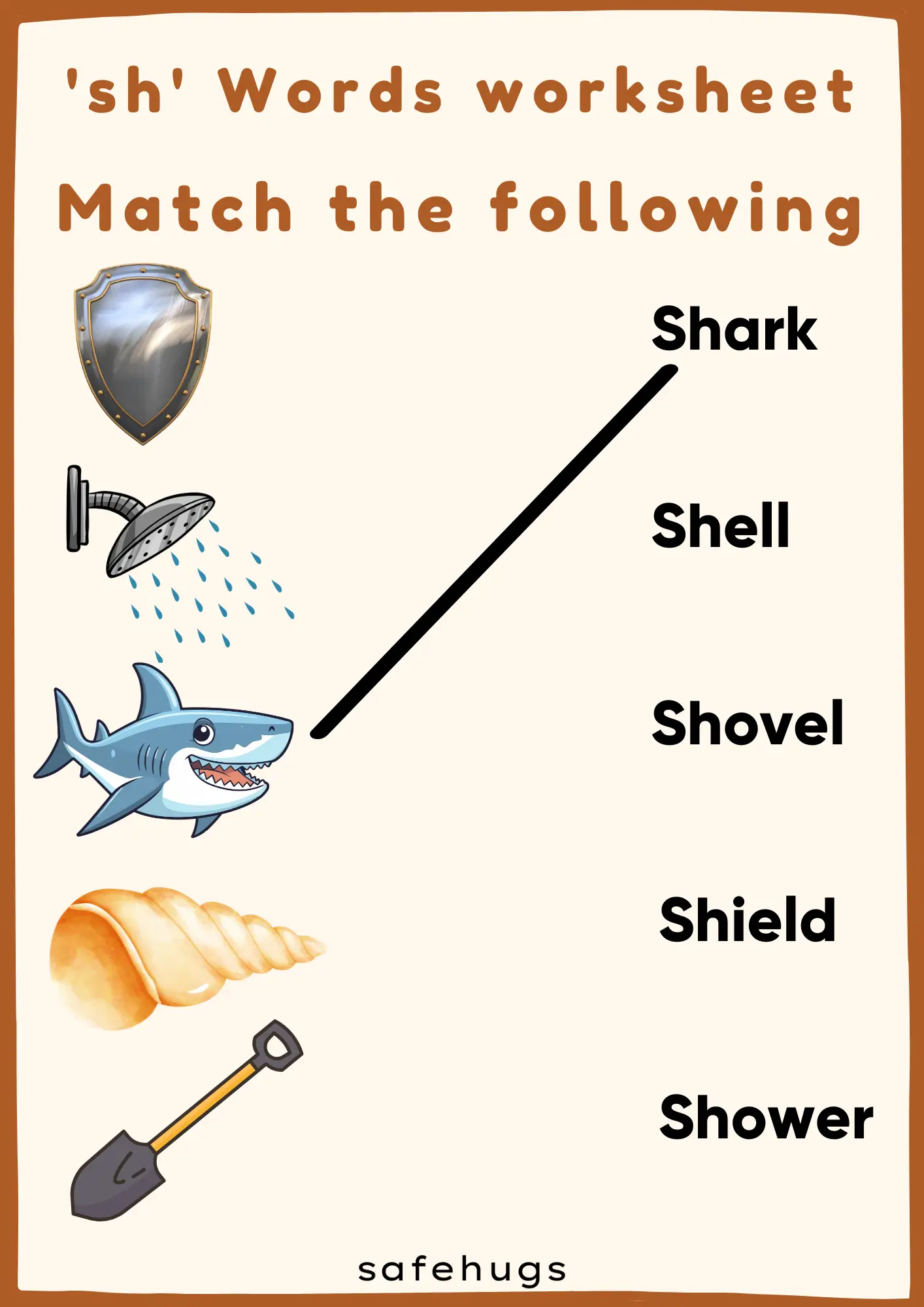 Worksheet for practicing "sh" words in handwriting for kindergarten students