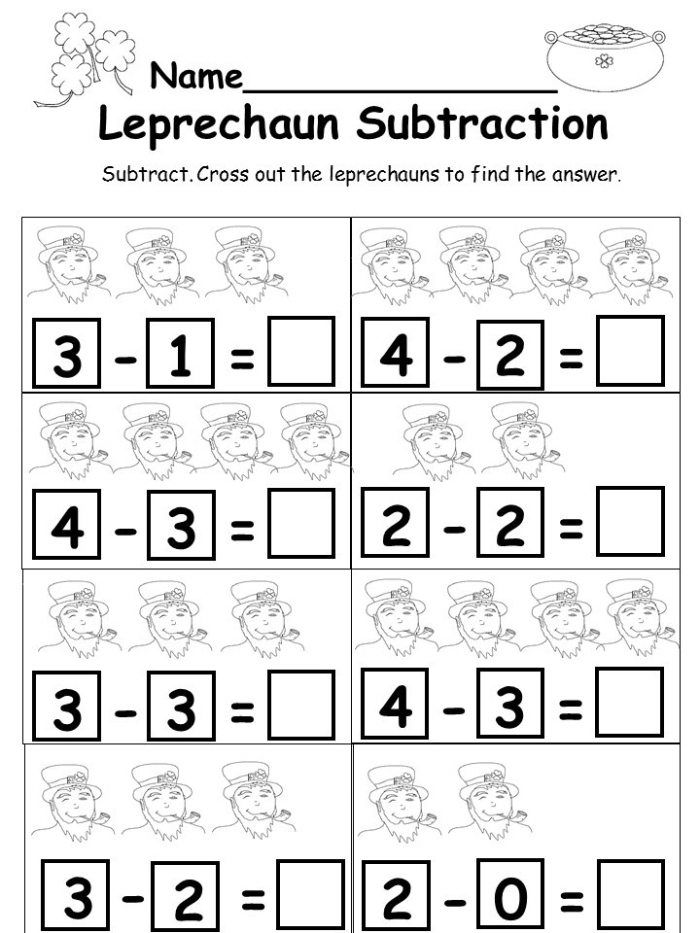 St. Paddy's Subtraction Practice for Young Learners Kindergarten student solving shamrock subtraction problems with St. Patrick's Day themed illustrations