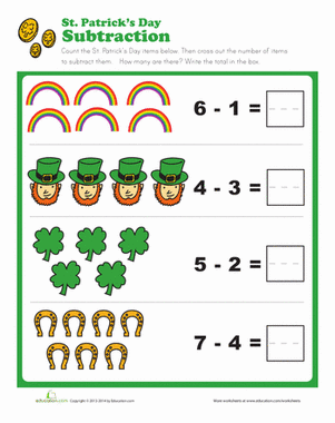 St. Paddy's Subtraction Practice with Shamrocks for Young Learners Kindergarten students solving subtraction problems with green shamrocks and St. Patrick's Day themed illustrations