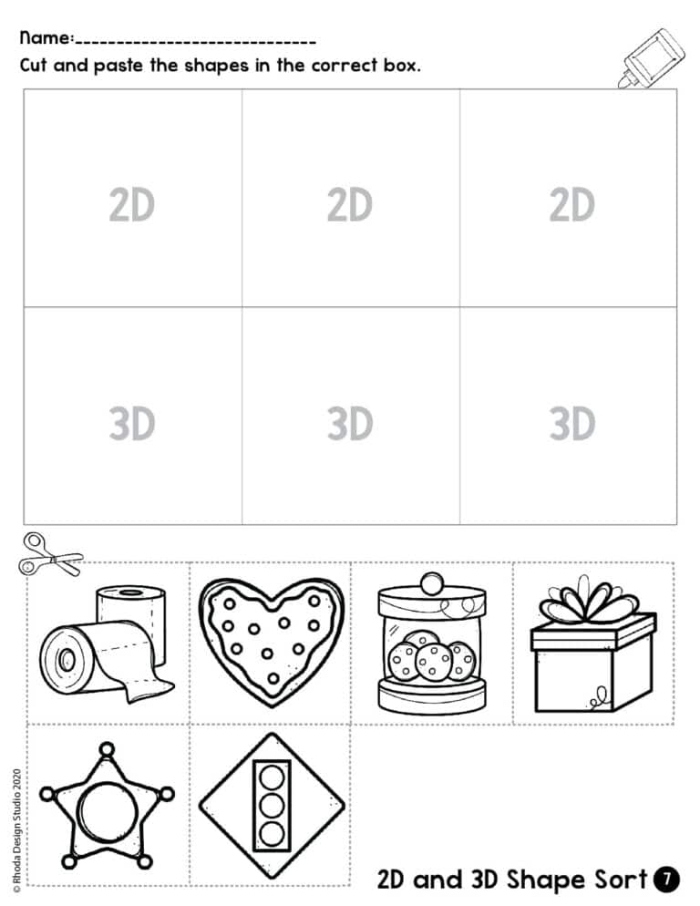 Colorful worksheet for sorting 2D and 3D shapes designed for kindergarten students