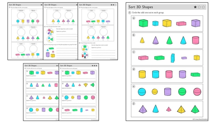 Kindergarten worksheet featuring various 2D and 3D shapes for students to sort and identify