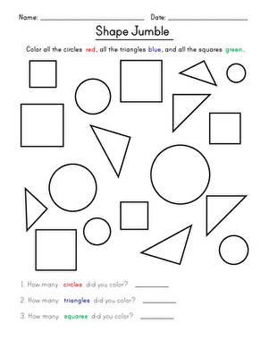 Kindergarten Shape Jumble division worksheet featuring geometric coloring exercises