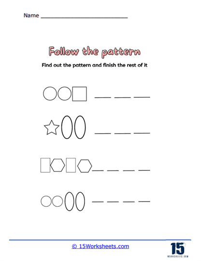 Kindergarten students completing geometric shape patterns on a practice worksheet