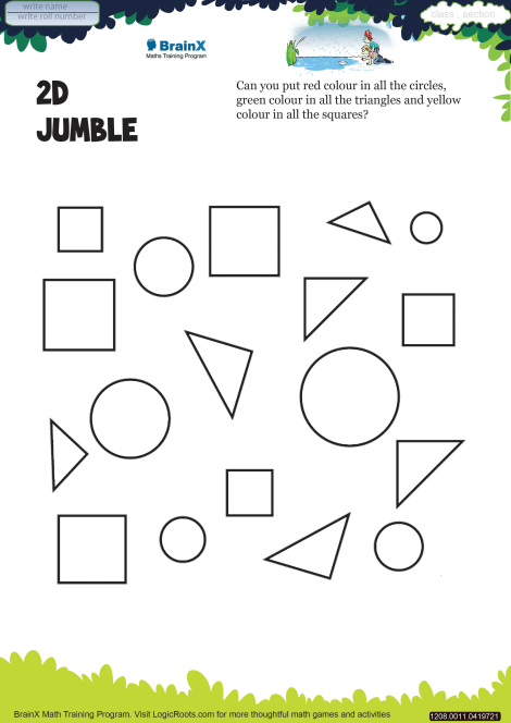 Kindergarten Shape Jumble worksheet featuring geometric figures for coloring practice