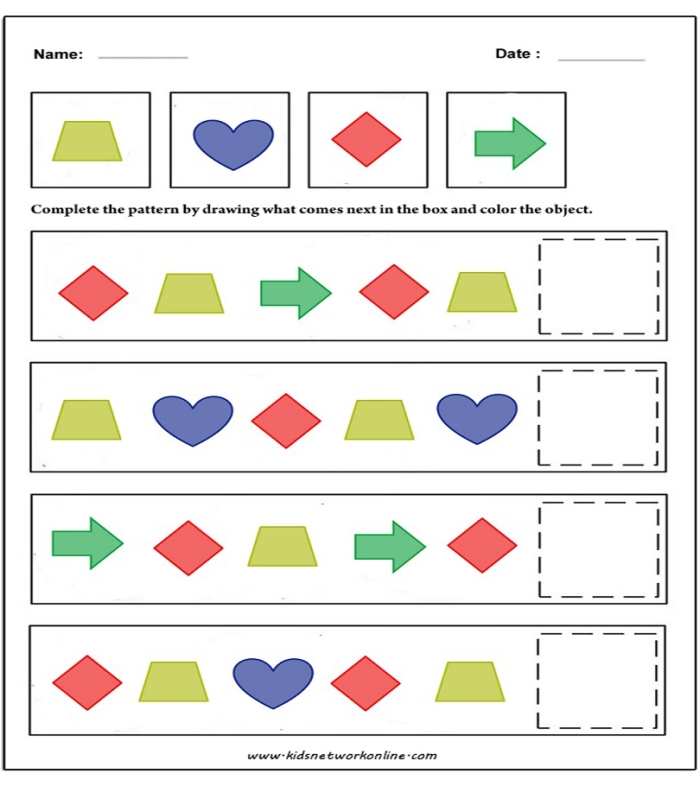 Kindergarten student completing a geometric shape sequence on a pattern worksheet