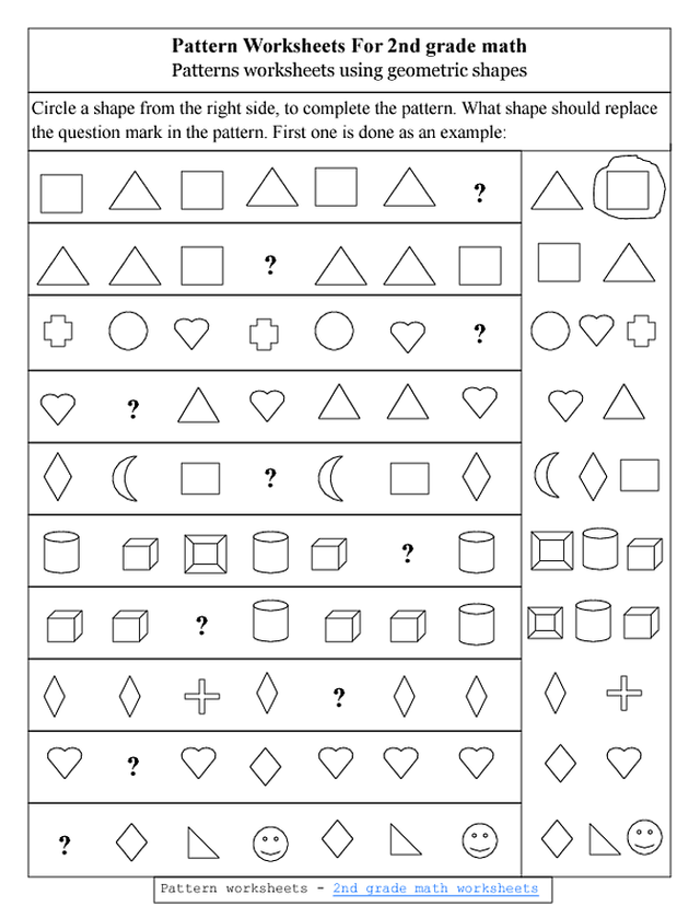 Kindergarten student worksheet for finishing shape sequences in a geometry lesson
