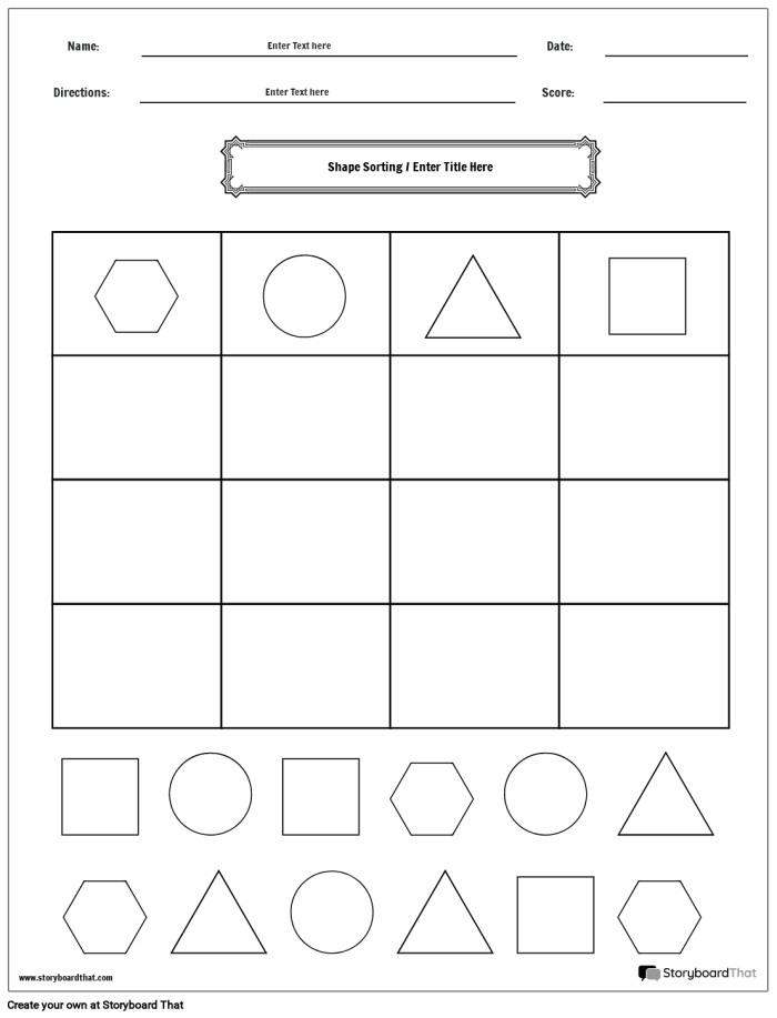 Worksheet featuring various 2D and 3D shapes for kindergarten students to sort