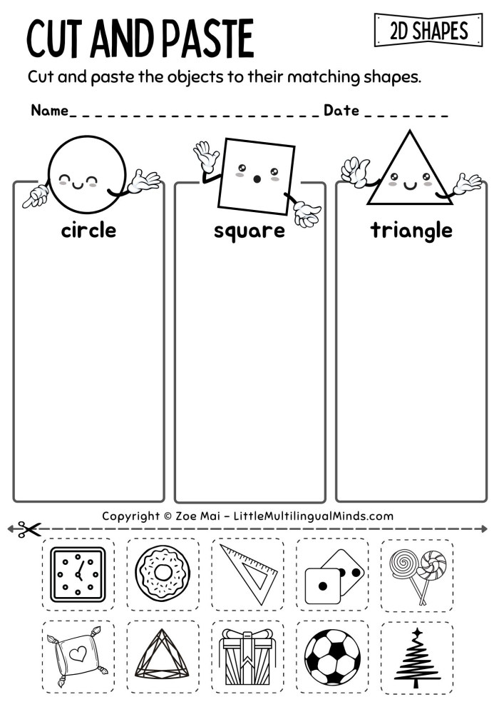 Kindergarten worksheet featuring a variety of 2D and 3D shapes for students to sort and identify