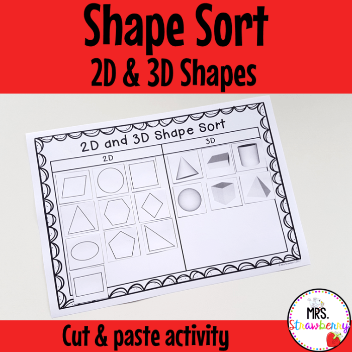 Worksheet for sorting 2D and 3D shapes designed for kindergarten students