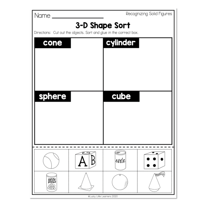 Kindergarten student sorting various 2D and 3D shapes on a printable worksheet