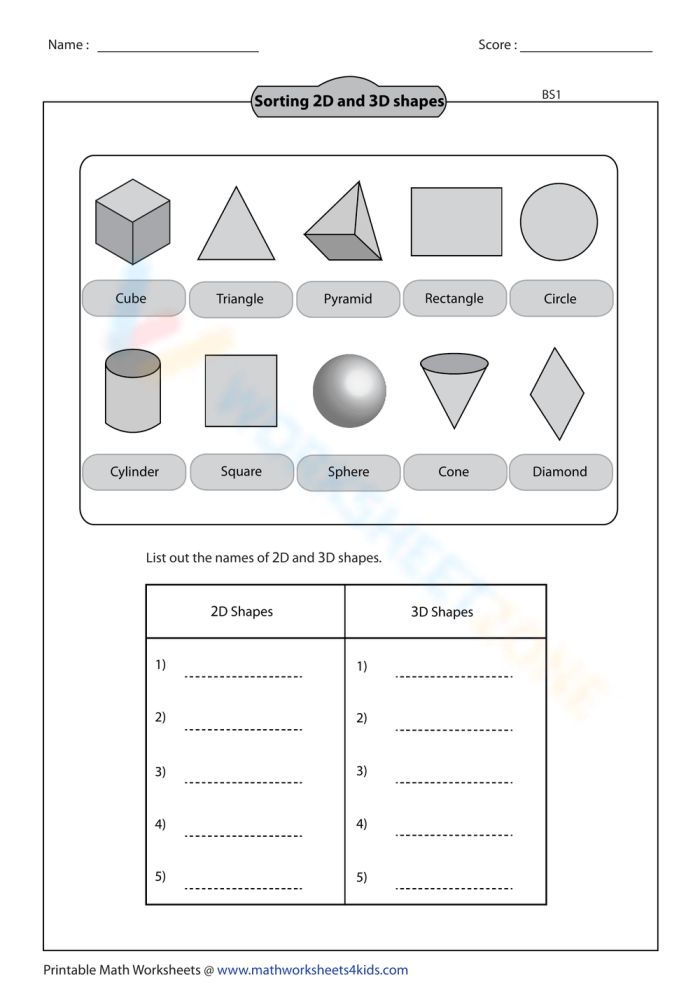 Kindergarten worksheet showing 2D and 3D shapes for students to sort and identify