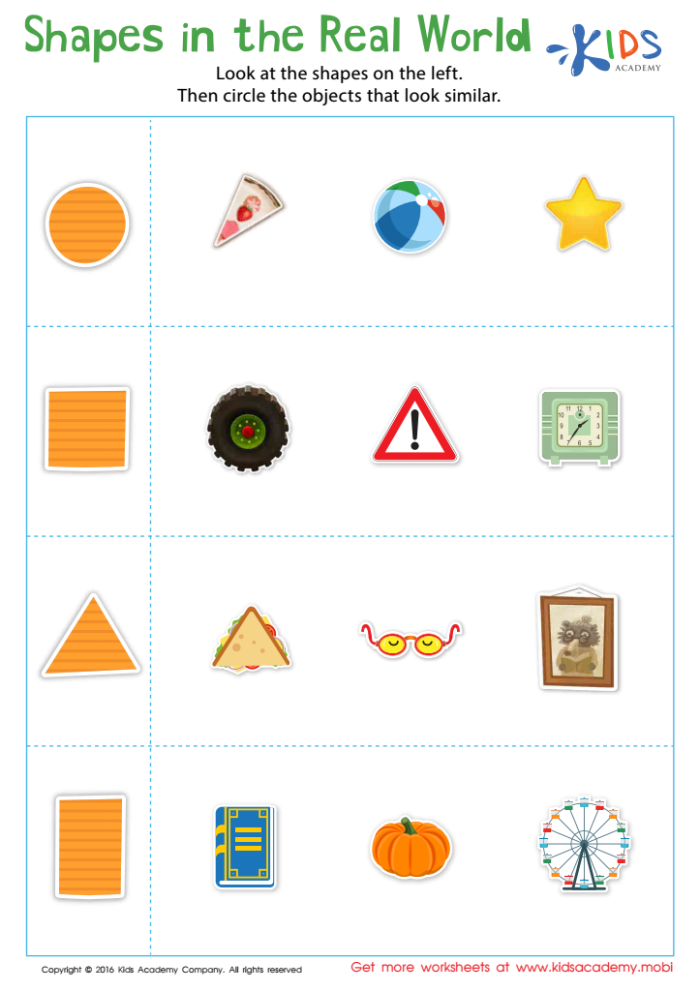 Shapes in the World Worksheet for Mixed Operations in Kindergarten Colorful worksheet for kindergarten students focusing on identifying 2D shapes in real-world scenarios