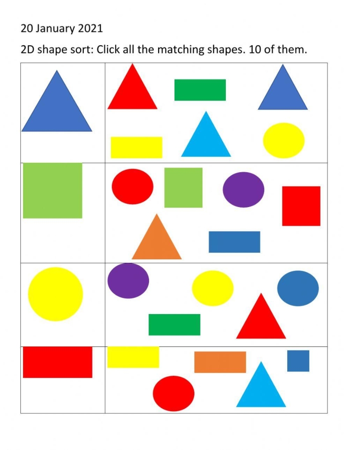 Worksheet featuring 2D and 3D shapes for kindergarten students to sort and identify