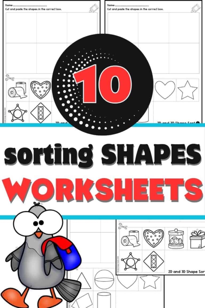 Worksheet featuring various 2D and 3D shapes for kindergarten students to sort and identify