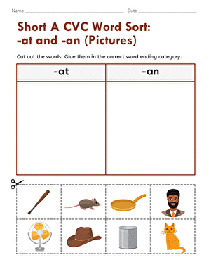 Short A Word Sort Activity 24: -at and -an Word Families with Picture Matching Picture sort worksheet showing cat, bat, rat, mat, fan, pan, and can illustrations for short A CVC word practice