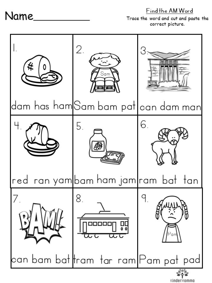 Kindergarten worksheet showing cats bats and hats for practicing short A CVC words
