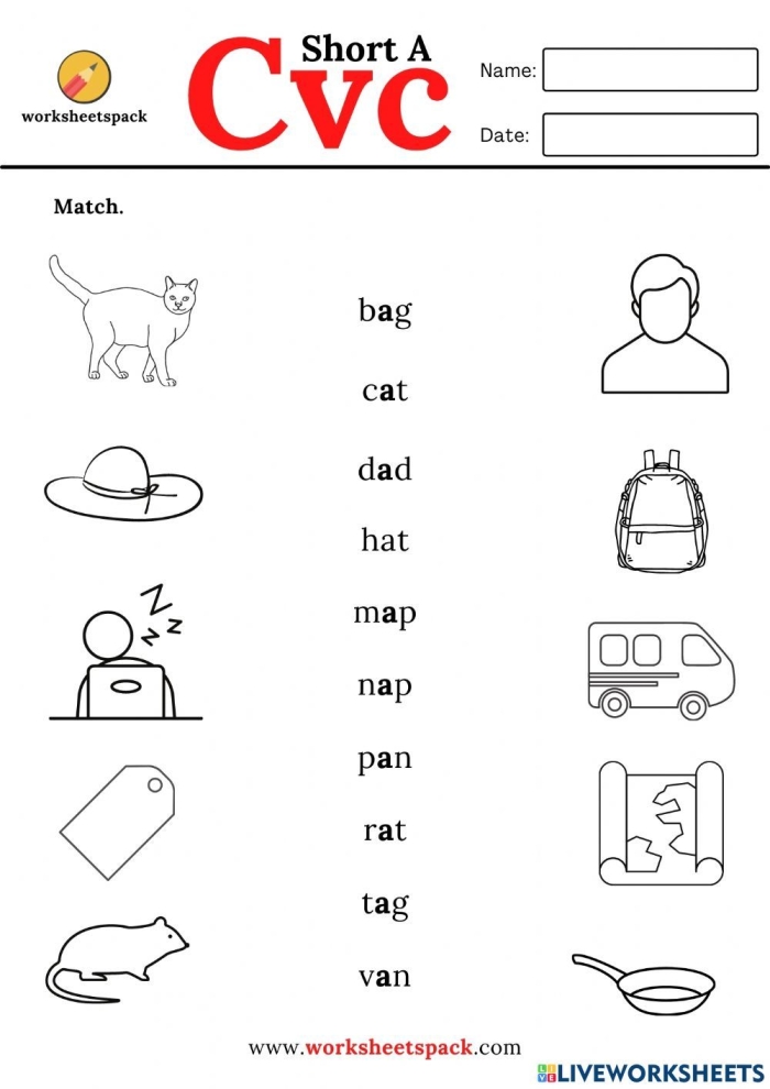 Worksheet featuring short A CVC words with cats, bats, and hats for kindergarten students