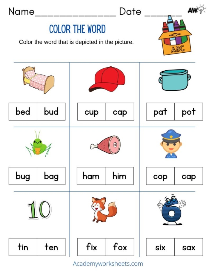 Kindergarten worksheet for sorting short A words ending in at and an