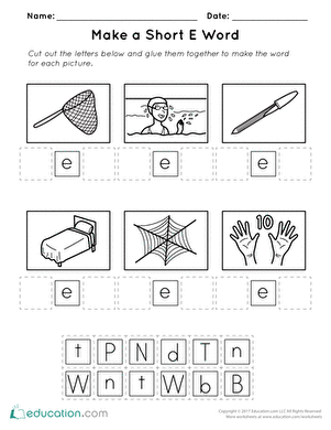 Make a Short E Word Worksheet Number Three Kindergarten worksheet for building CVC short E words with animal and life science themes