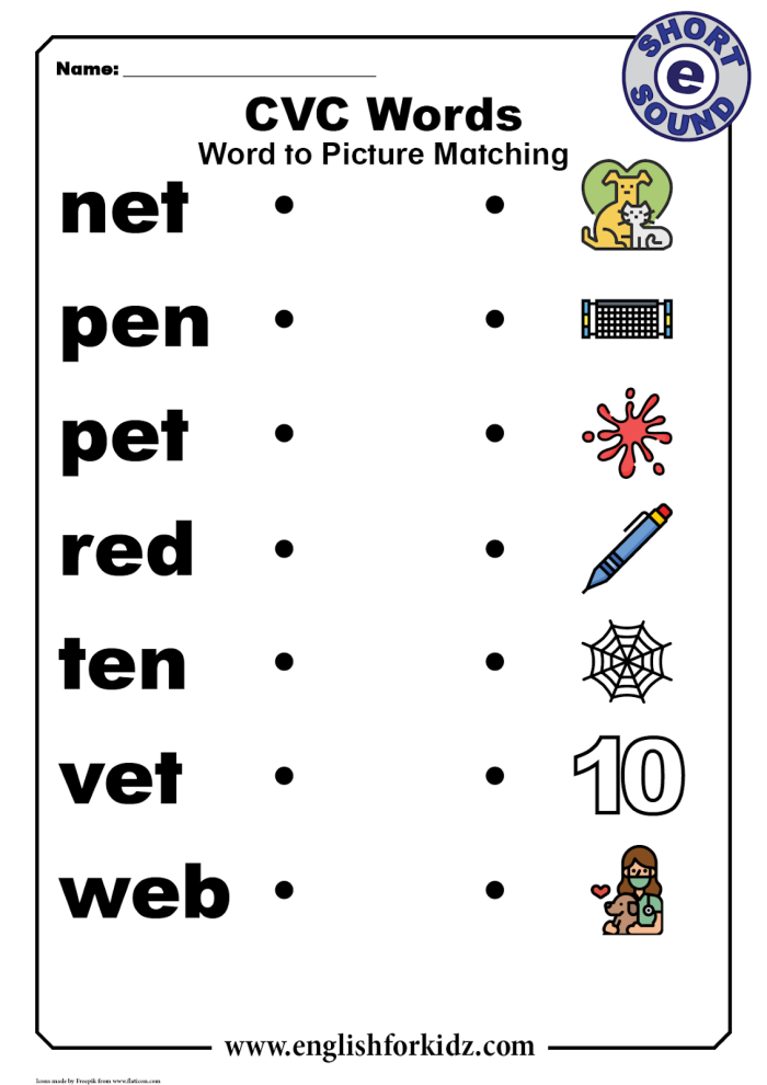 Fun With Short E CVC Words Writing Worksheet for Kindergarten Three Kindergarten student completing a worksheet with short E CVC words to practice phonics
