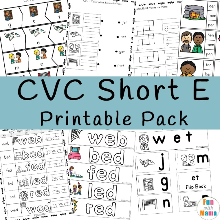 Short E Sound Practice Activity for Beginning Readers Kindergarten student practicing short E CVC words by writing and tracing letters on a colorful phonics worksheet
