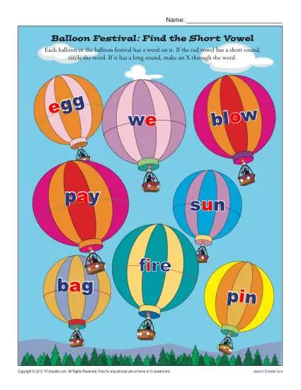 Worksheet for identifying short vowel sounds in words for kindergarten students