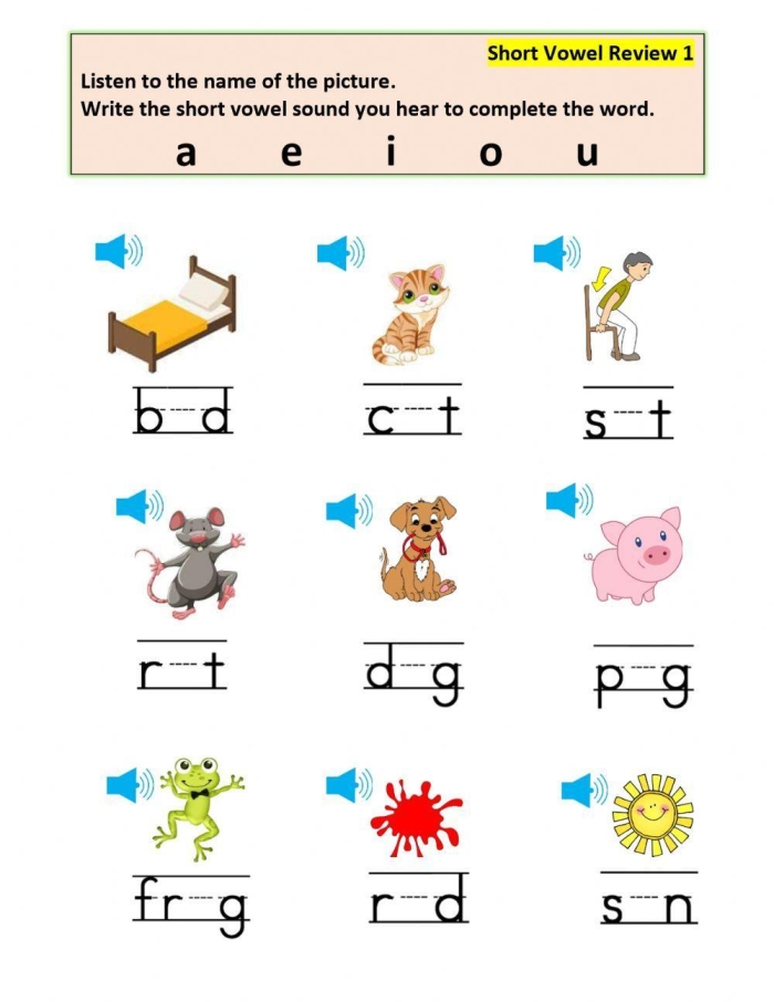 Short vowel worksheet designed for kindergarten students, encouraging them to fill in missing vowels. Engaging fill-in-the-blank activity to enhance short vowel recognition in young learners.