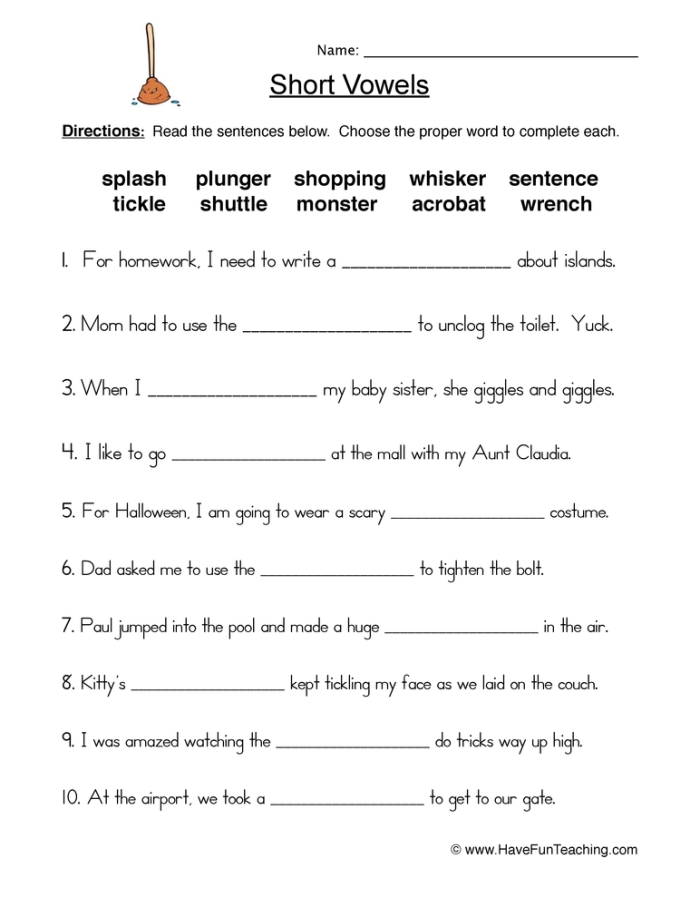 Short vowel worksheet for kindergarten with missing vowel exercises