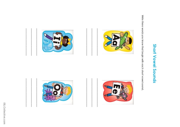 Engaging worksheet for reviewing short vowel sounds in early reading skills Short Vowel Sounds worksheet for kindergarten, featuring word match activities from A to U
