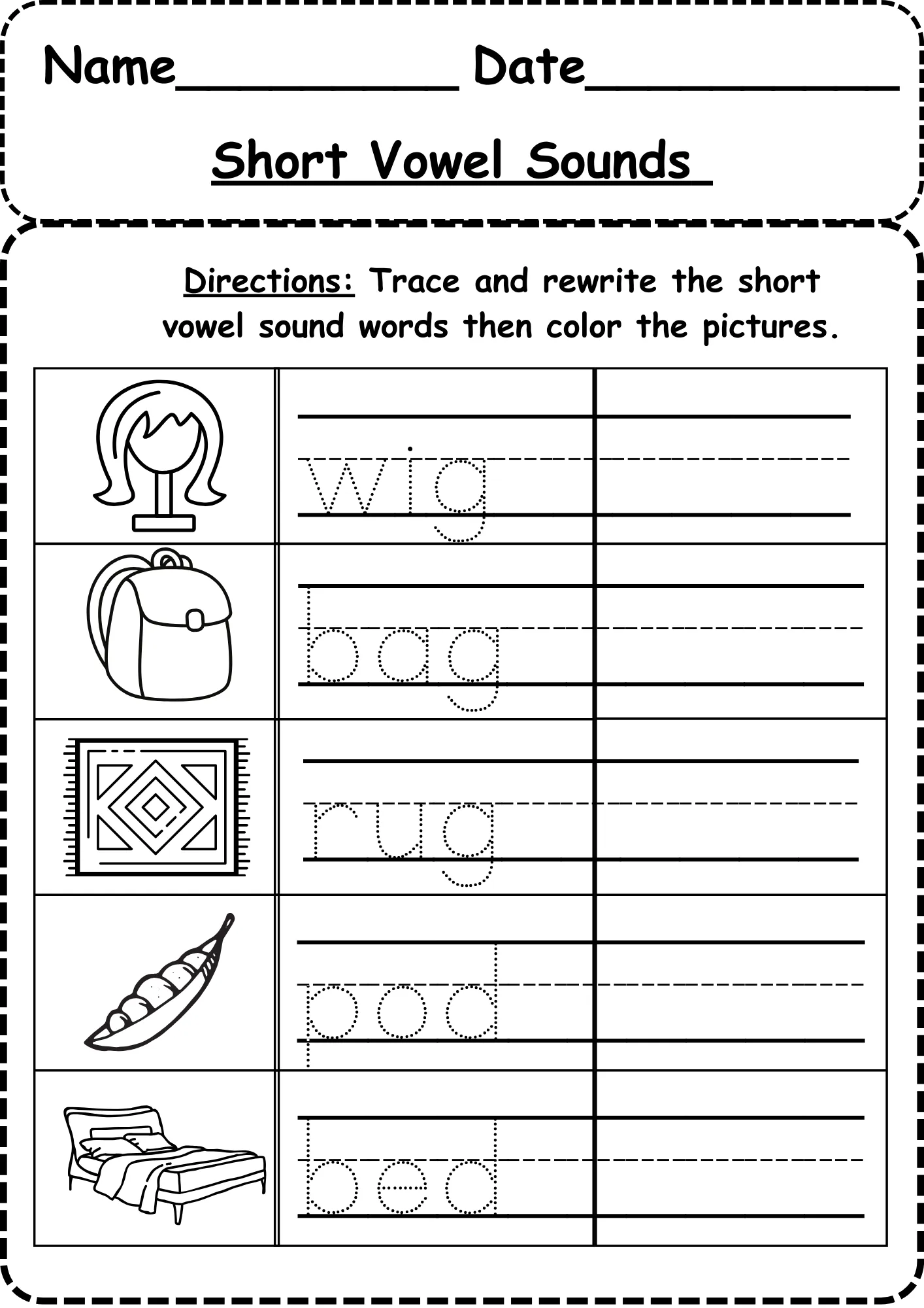 Kindergarten phonics worksheet for spelling three-letter short vowel words with missing letters
