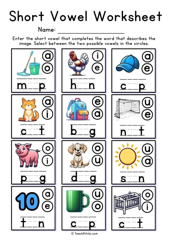 Worksheet for spelling short vowel words with missing letters A, E, I, O, or U